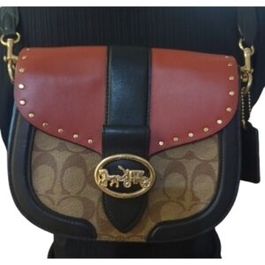 Coach C3593 Georgie Saddle Bag In Colorblock Signature Canvas W Rivets
